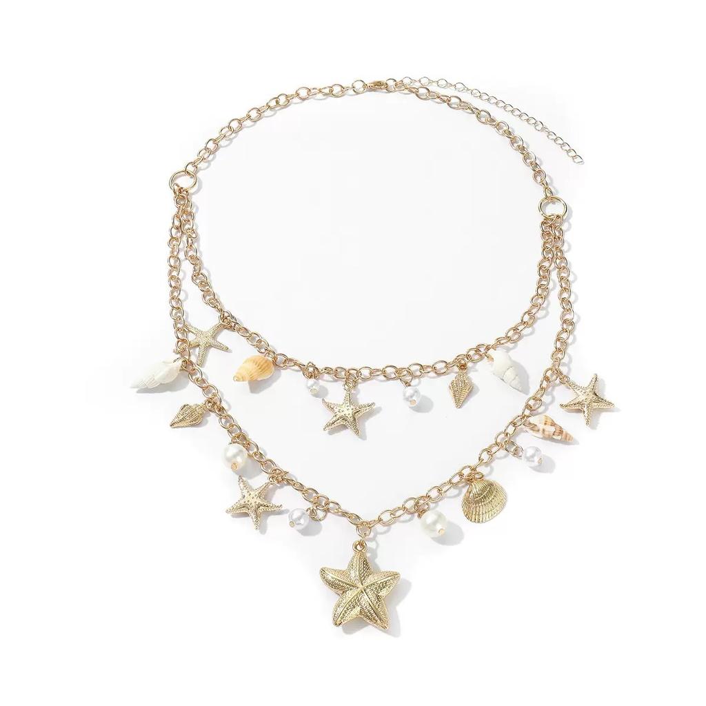 European and American vacation double-layer starfish shell necklace, conch pendant, women's collarbone chain, seaside beach accessories