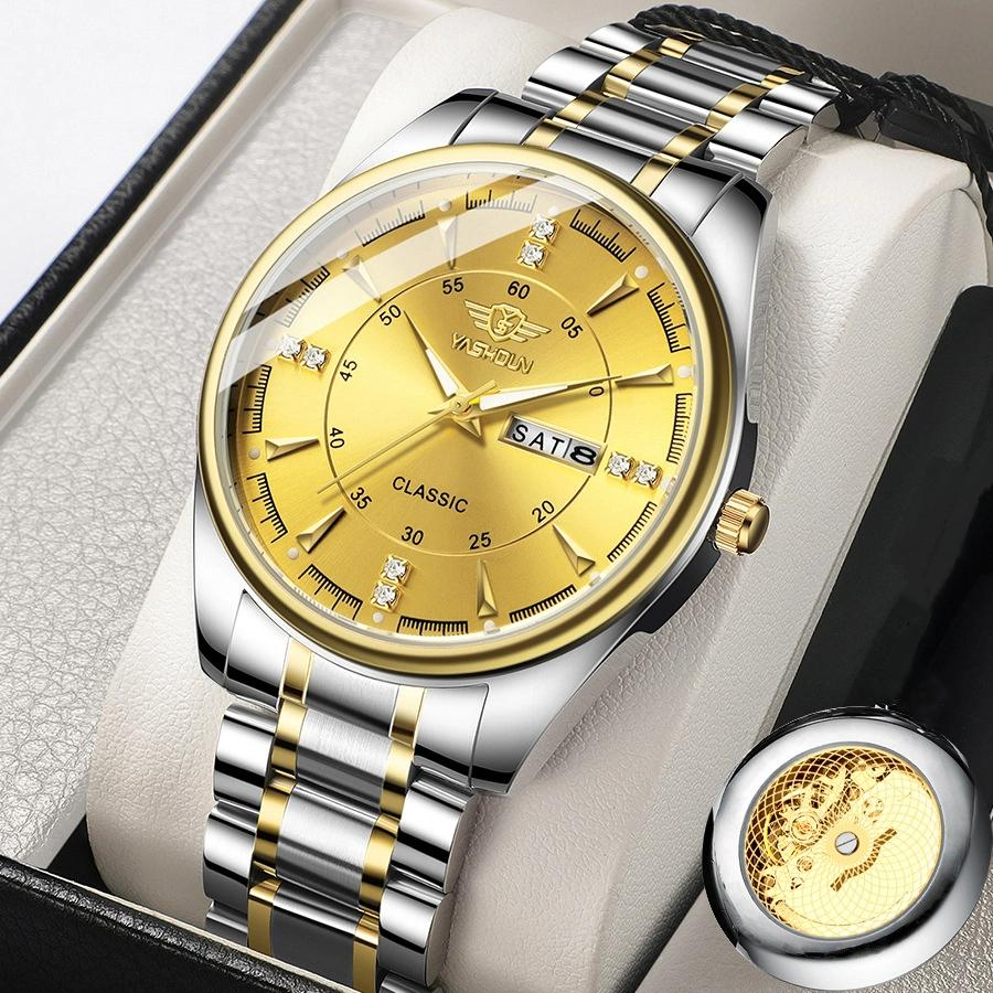 Fashionable Men's Quartz Watch Stainless Steel Timer Waterproof Night Light Dual Calendar Men's Quartz Watch