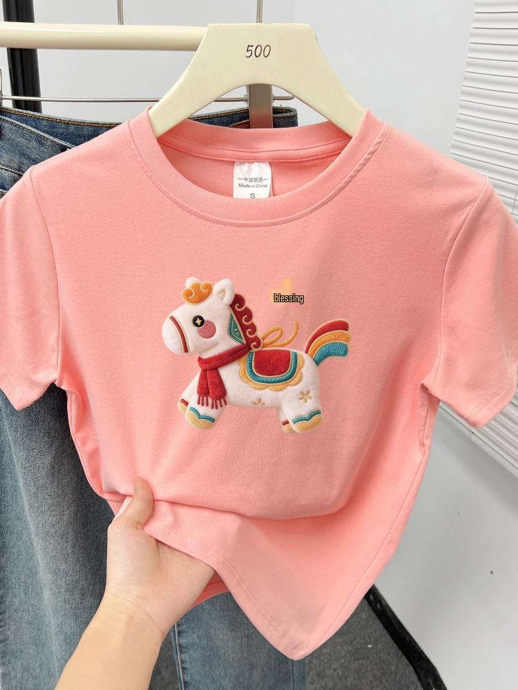 2026 Women's Plus Size T-shirt: Little Horse Print, Round Neck, Short Sleeve, Stylish, Tummy-Covering Design