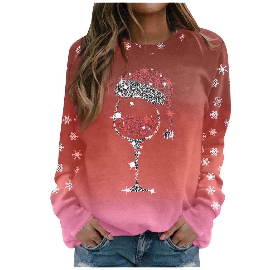 Women's Casual Fashion Christmas Print Long Sleeve O-Neck Pullover Top