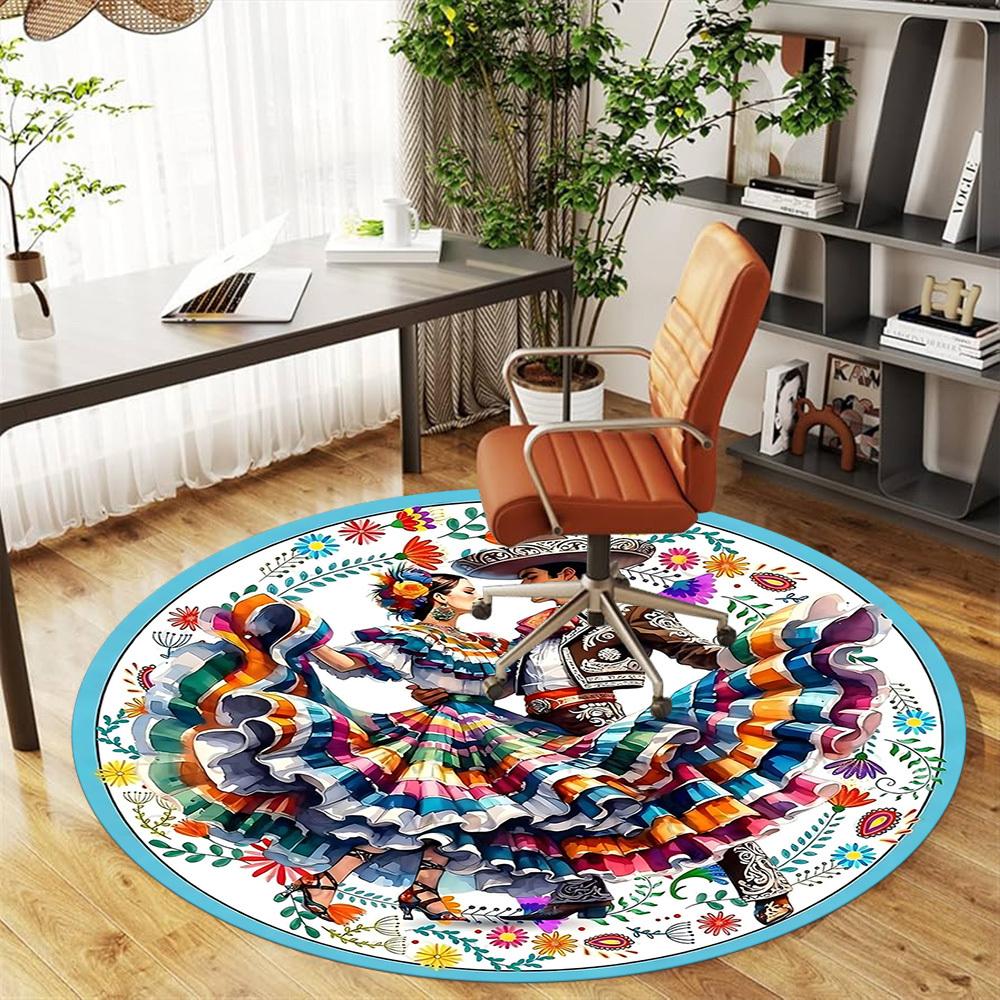 1pc Mexican Dance Floral Round Chair mat Area Rug - Non-Slip, Floor Mat for Office, Bedroom, home decor Christmas Gift-1002337