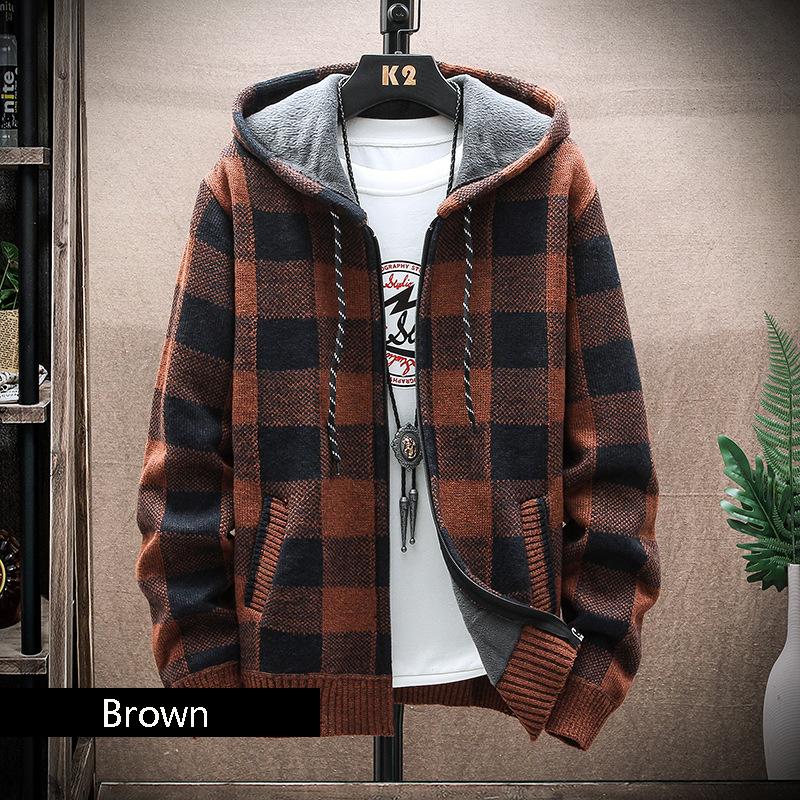 Plaid Hooded Cardigan Men Clothing V Neck Sweater Men Cardigen Retro Clothes Hip Hop Knitwear Autumn Winter