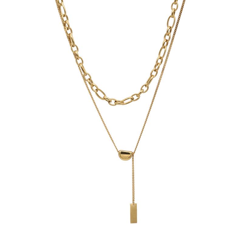 Korean Retro Gold Lentil Double-Layer Clavicle Necklace - Titanium Steel, Fade-Resistant