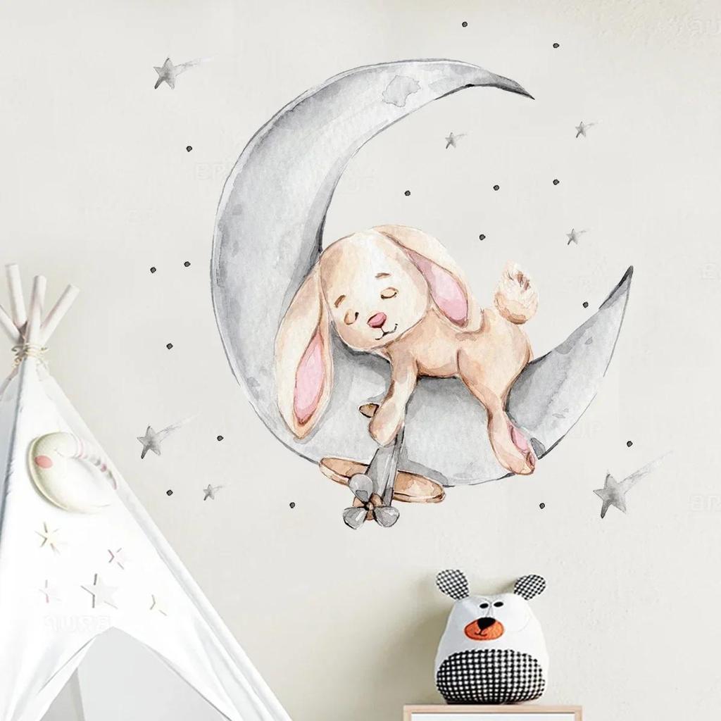 Cartoon Rabbit Sleeping On The Moon and Stars Wall Stickers for Kids Room Baby Room Decoration Wall Decals Room Interior