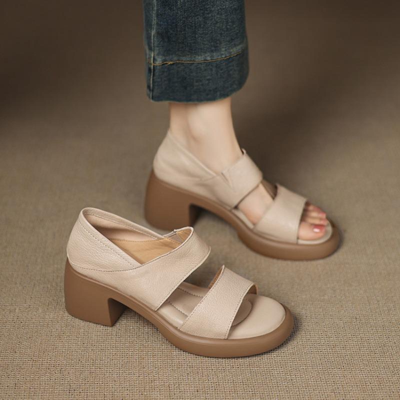 Soft Leather, Soft Sole, One-line Fish-mouth Shoes, Women's Thick-heeled High Heels