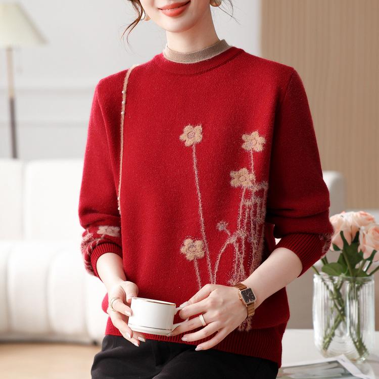 Mom's Autumn and Winter Fleece Thickened Sweater for Middle-aged and Elderly People with A Warm Top Inside