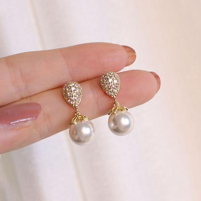 New Elegant Zircon Setting Pearl Dangle Earrings For Women Exquisite  Luxury Advanced Design Young Girl Gold Color Jewelry Gift