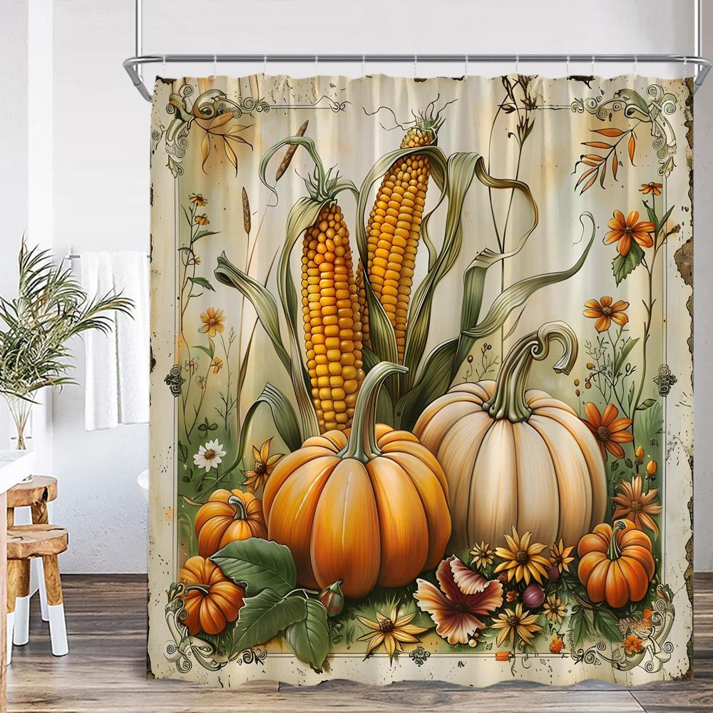 Autumn Harvest Season Shower Curtain Pumpkin Sunflower Corn Squirrel Fall Country Bathroom Decor Orange Polyester Bath Curtain