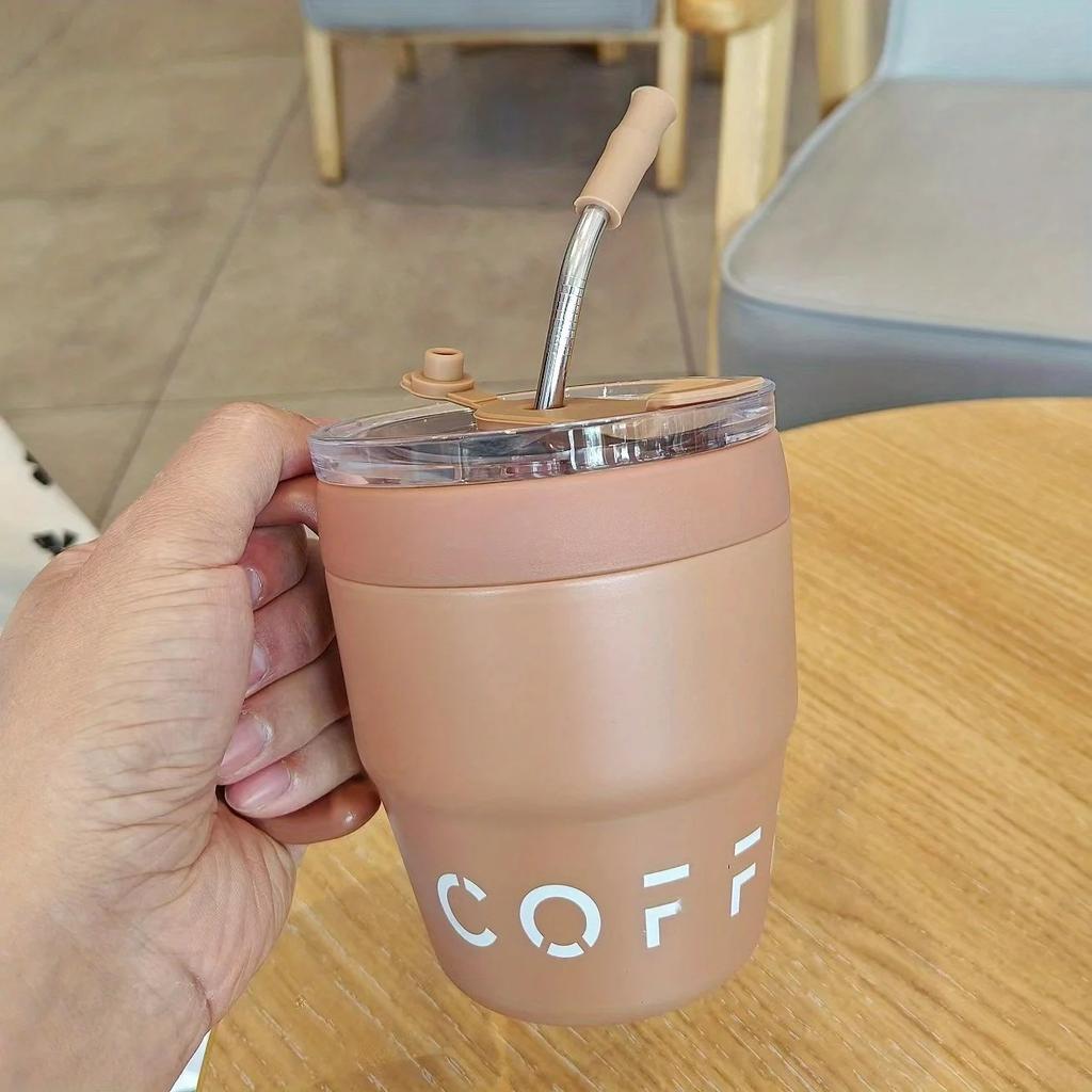 480MLCoffee Cup with Straw Lid Stainless Steel Thermos Mug for Cold Drinks Water Tea Milk Office Outdoor Portable Bottle