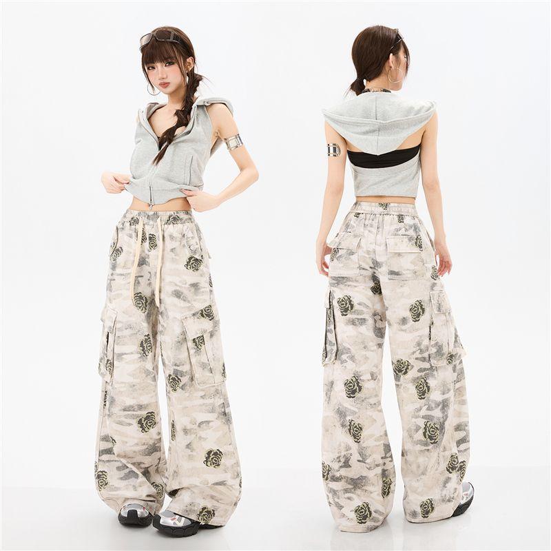 Spring Summer Pure Cotton Digital Print Vintage Elastic Waist Relaxed Wide Leg Cargo Denim Pants For Ladies Casual Pants Oversize Denim Trousers