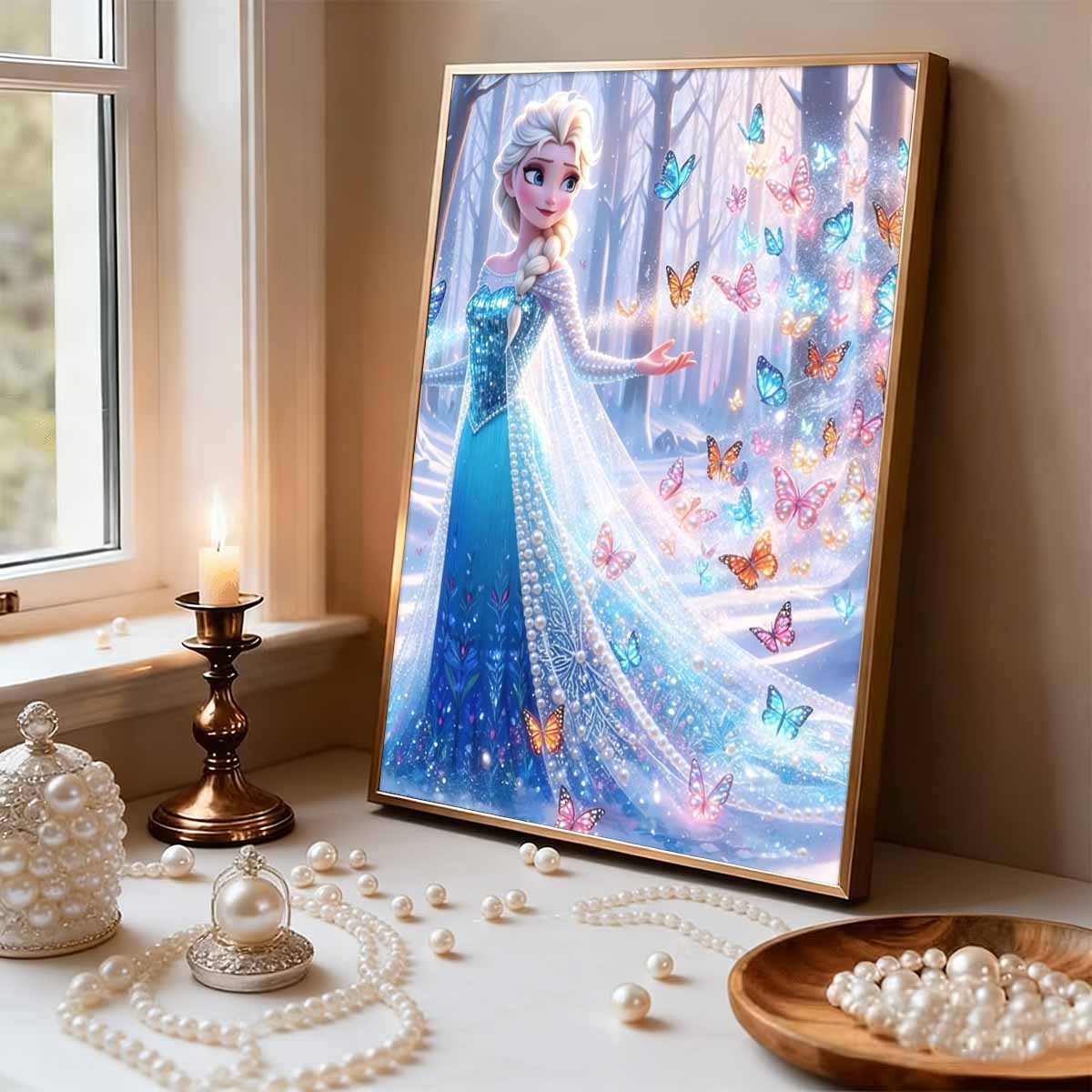 Ice Forest Butterfly Elsa New Pearl-Inlaid Frameless Art | Handmade Pearl Craft, Ice Forest & Colorful Butterfly Theme, for Dreamy Frozen Fairy Decor 35x45cm