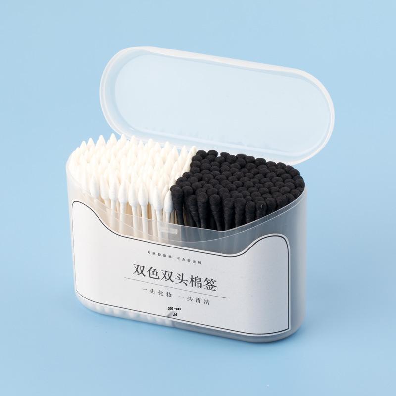 

Двухцветные двухсторонние ватные палочки для макияжа и чистки ушей - спиралевидный/заостренный и круглый наконечник с деревянной палочкой в коробке 200 pieces чёрный/белый