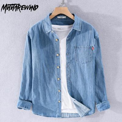 New Mens Long Sleeve Denim Shirt Spring Daily Pure Cotton Casual Shirts Turn-down Collar Blue Jean Tops with Pocket Slim Fit Men Tops