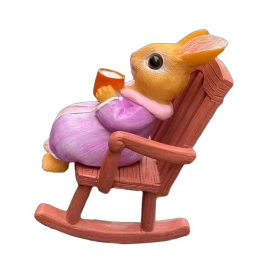 Rocking Chair Rabbit Figurine Holding Cup Cartoon Sitting Bunny Resin Statue Animal Sculpture Indoor