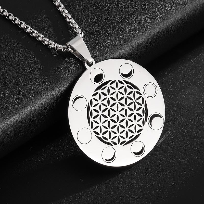 New Simple Hollow Flower of Life Mandala Moon Phase Sacred Geometric Sweater Chain Flower Necklace Jewelry