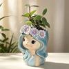 Cartoon Face Planter for Cacti Cute Girl Planter, Blue Hair Garland Head Indoor Plants Decorative Resin Plant Pot Succulents Healing Aesthetic