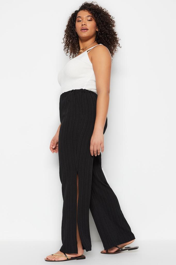 Women's Style Plus Size Brown Slit Detailed Woven Beach Trousers