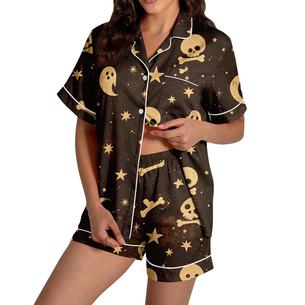 Women's Halloween Pajama Set with Short Sleeve Button Down Shirt and Shorts