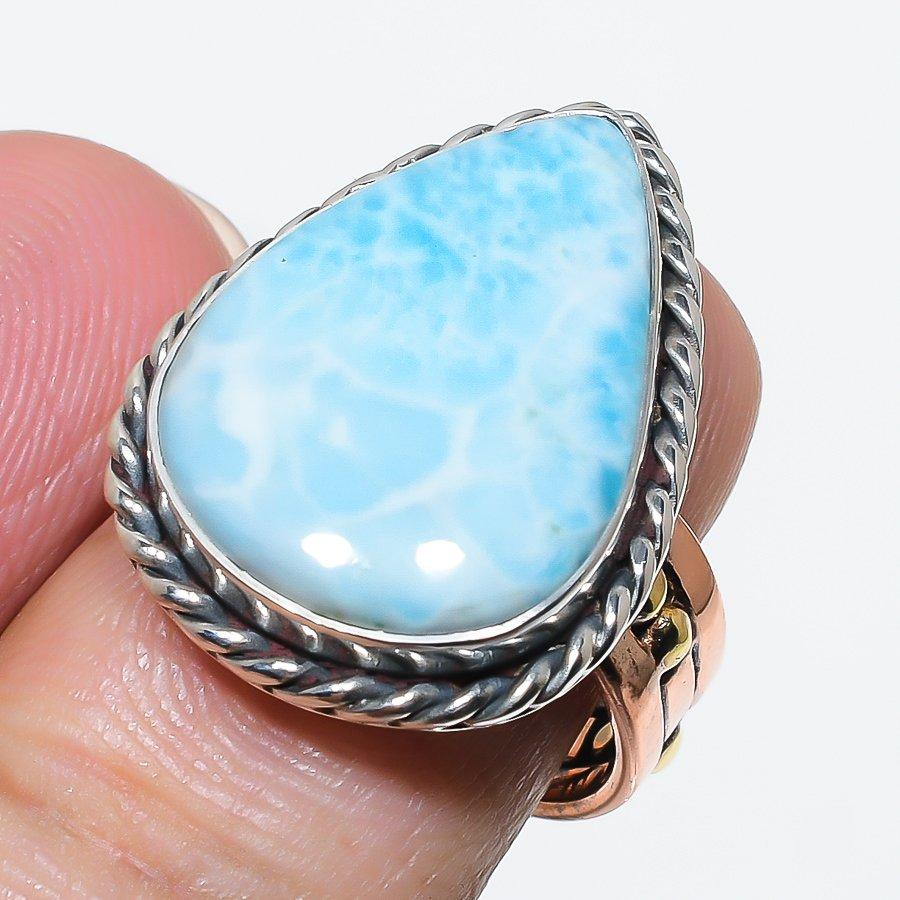 Natural Larimar Gemstone 925 Solid Sterling Silver TwoTone Gift Ring S.8 U1h46