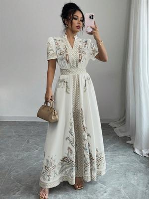 Retro Paisley Magas derekú Csipkézett Szegélyű Hosszú Ruha - Női 2025 Nyári Kollekció
