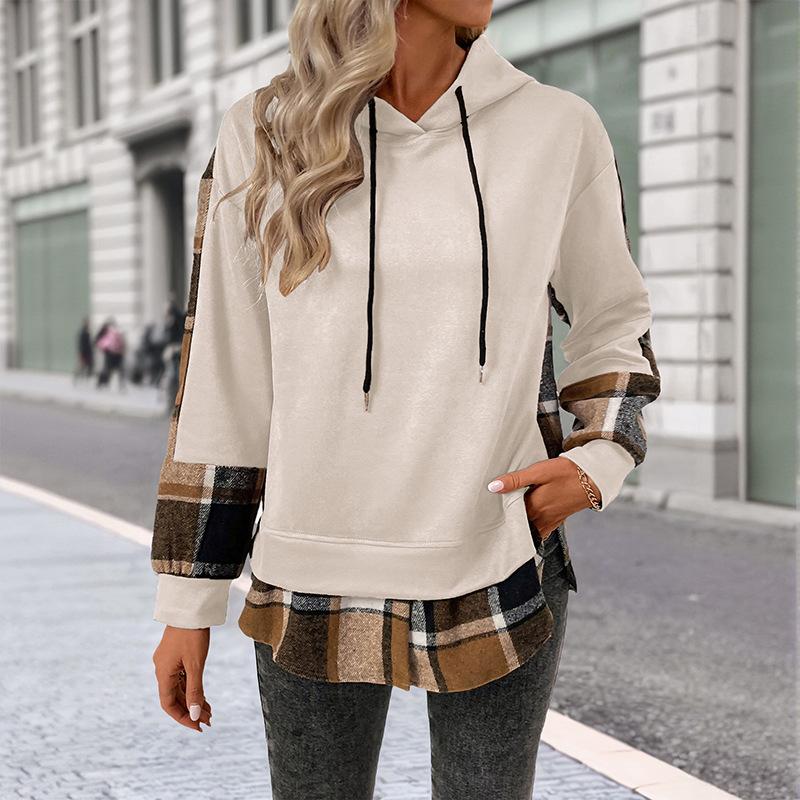 New Autumn and Winter Casual Retro Style Top, Long-sleeved Checked and Fleece Faux Two-piece Hooded Sweatshirt for Women