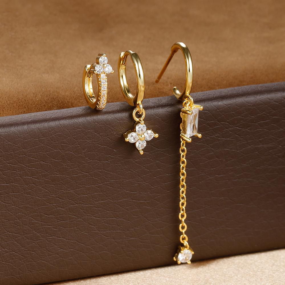 3PCS New Trend Stainless Steel Square Long Piercing Earring Set Zircon Flower Chain Flower Pendant Hoop Earrings Women s Jewelry