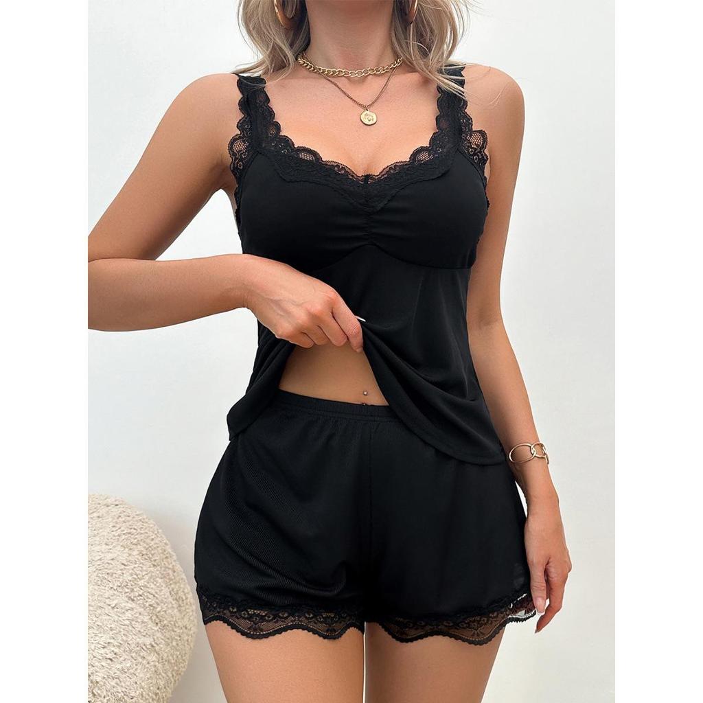 Women's Black Lace Pajama Set - V-Neck Camisole & Shorts Loungewear