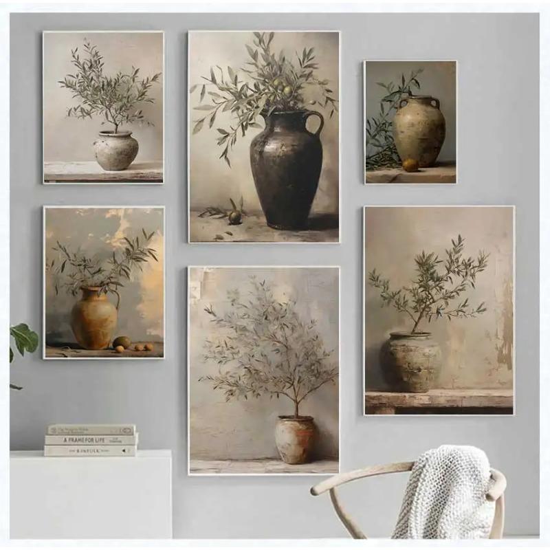 Vintage Minimalist Wall Art Italy Olive Tree In Vase Canvas Painting Poster Prints Still Life Botanical Antique Home Room Decor