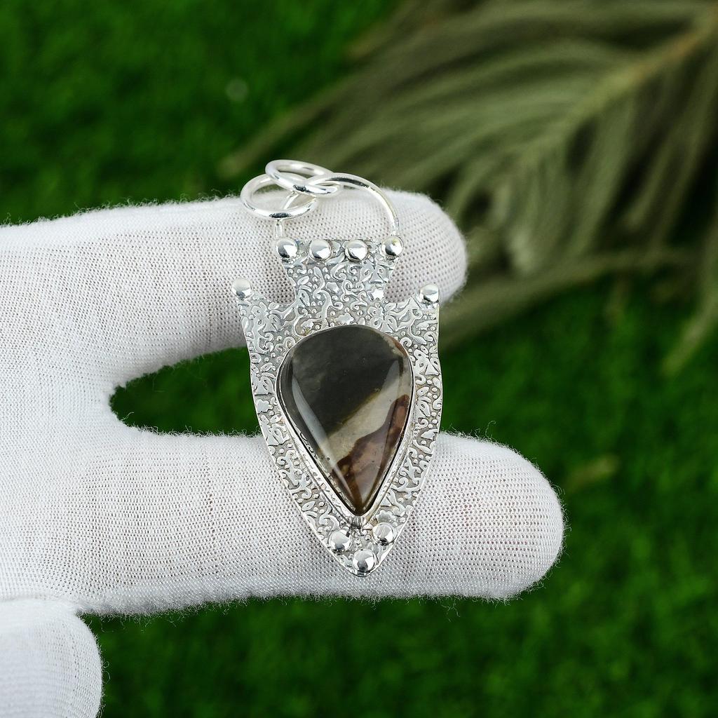 Natural Polychrome Jasper Gemstone Pendant Brown 925 Sterling Silver Jewelry