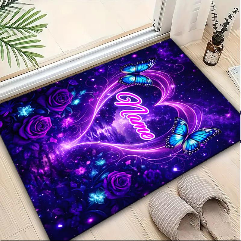 1PC Custom Name Butterflies Heart Theme Floor Mat Ideal for Living Room, Game Rooms, Office, Bedroom,Floor Mat Playful Design