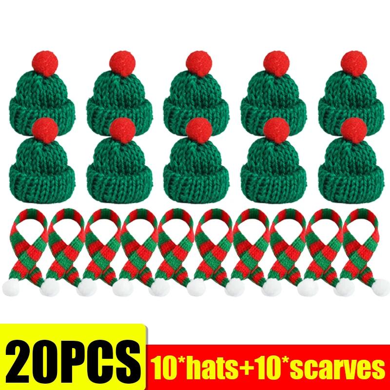10/50PCS Mini Knitted Santa Hat Scarf Red Christmas Doll Accessories Wine Bottle Cover DIY Craft Xmas Tree Holiday Decoration