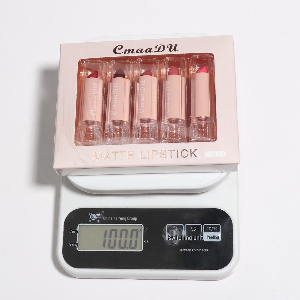 CmaaDu Velvet Matte Lipstick Set: 5-Piece True Red Moisturizing Gloss for European & American Makeup.