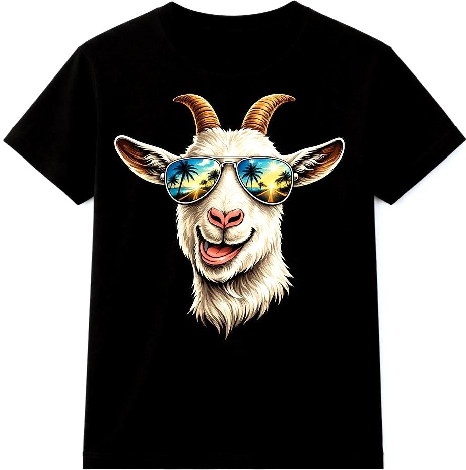 Smiling Goat T-Shirt Sunglasses Graphic Tee Funny Farm Animal Top S