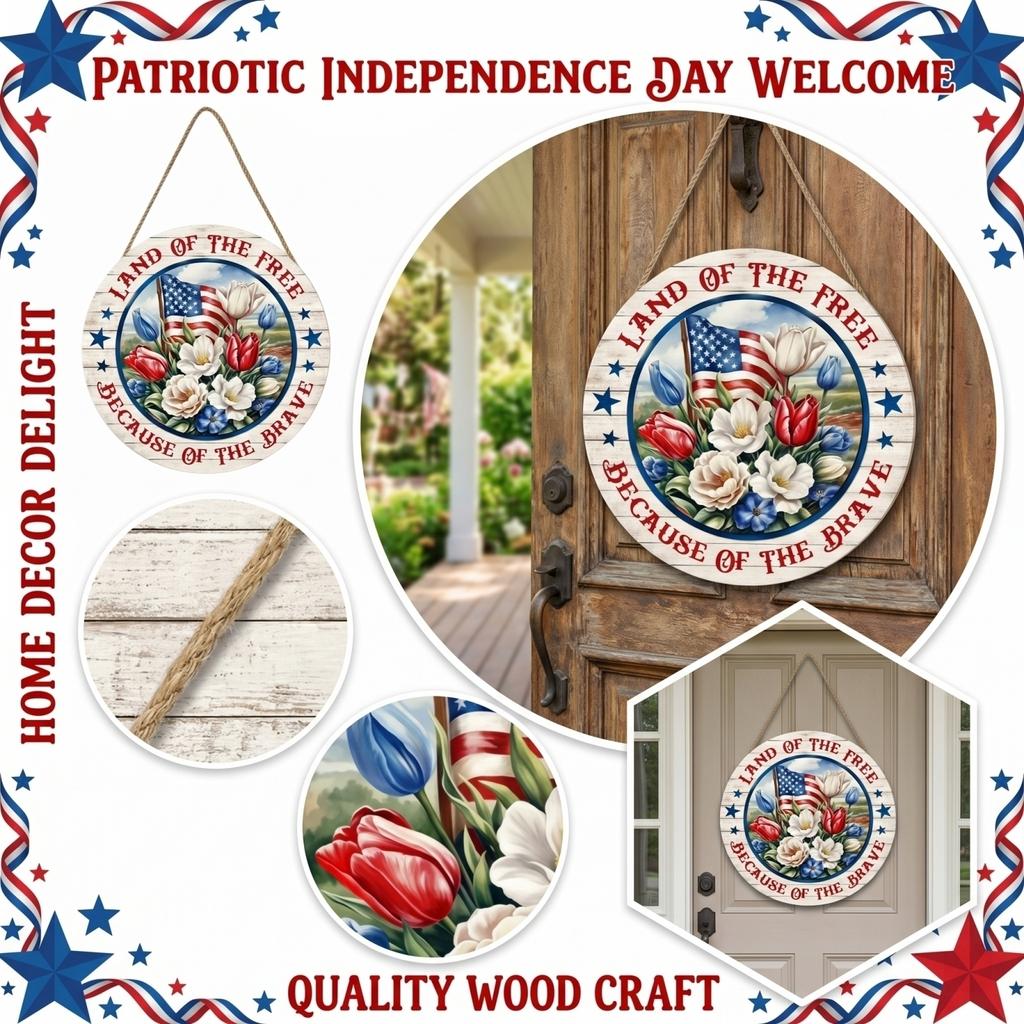 Rustic Wooden Hanging Sign Patriotic Wall Decor with Floral Design and Flag Motif for Seasonal Home Decoration Indoor Outdoor Display