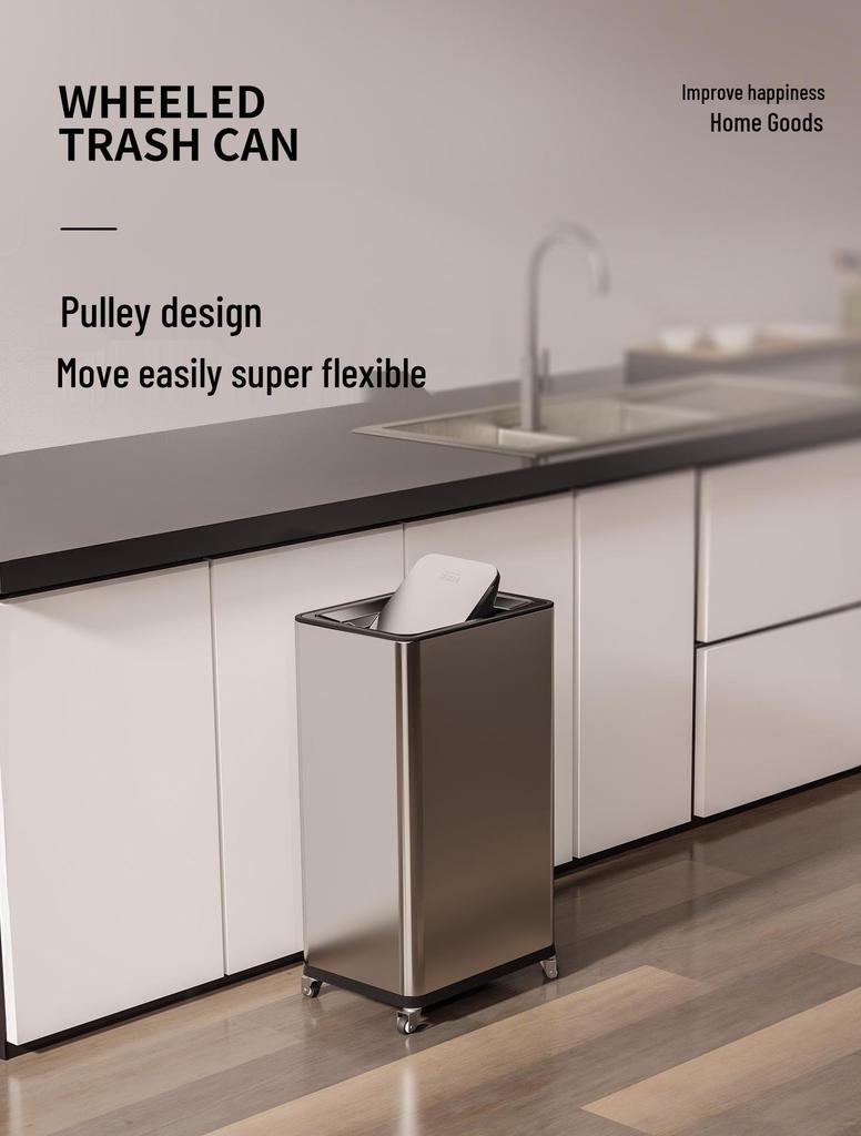 Einfacher Moderner Edelstahl-Mülleimer mit Rädern – Vertikaler Klappdeckel, Quadratisches Design für Küche & Wohnzimmer