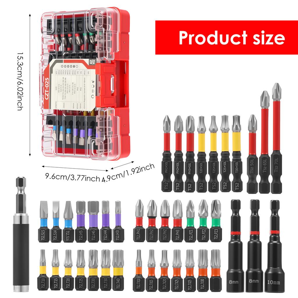 42Pcs Set Screwdriver Bits S2 Steel Screwdriver Impact Kit with Storage Case High Hardness Wear Resistant for Mechanical Repair