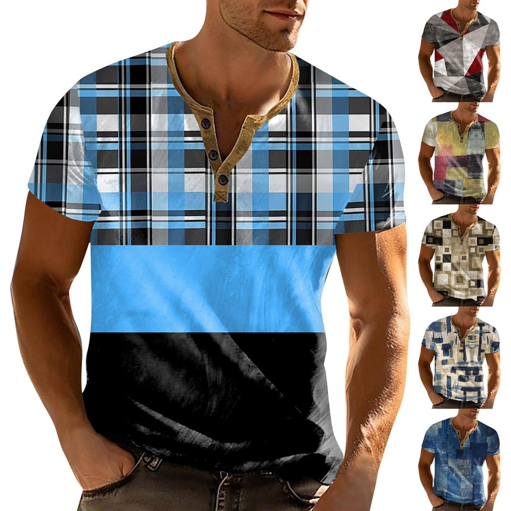 Men'S Printed T-Shirt Outdoor Retro Button Loose Short Sleeve Top