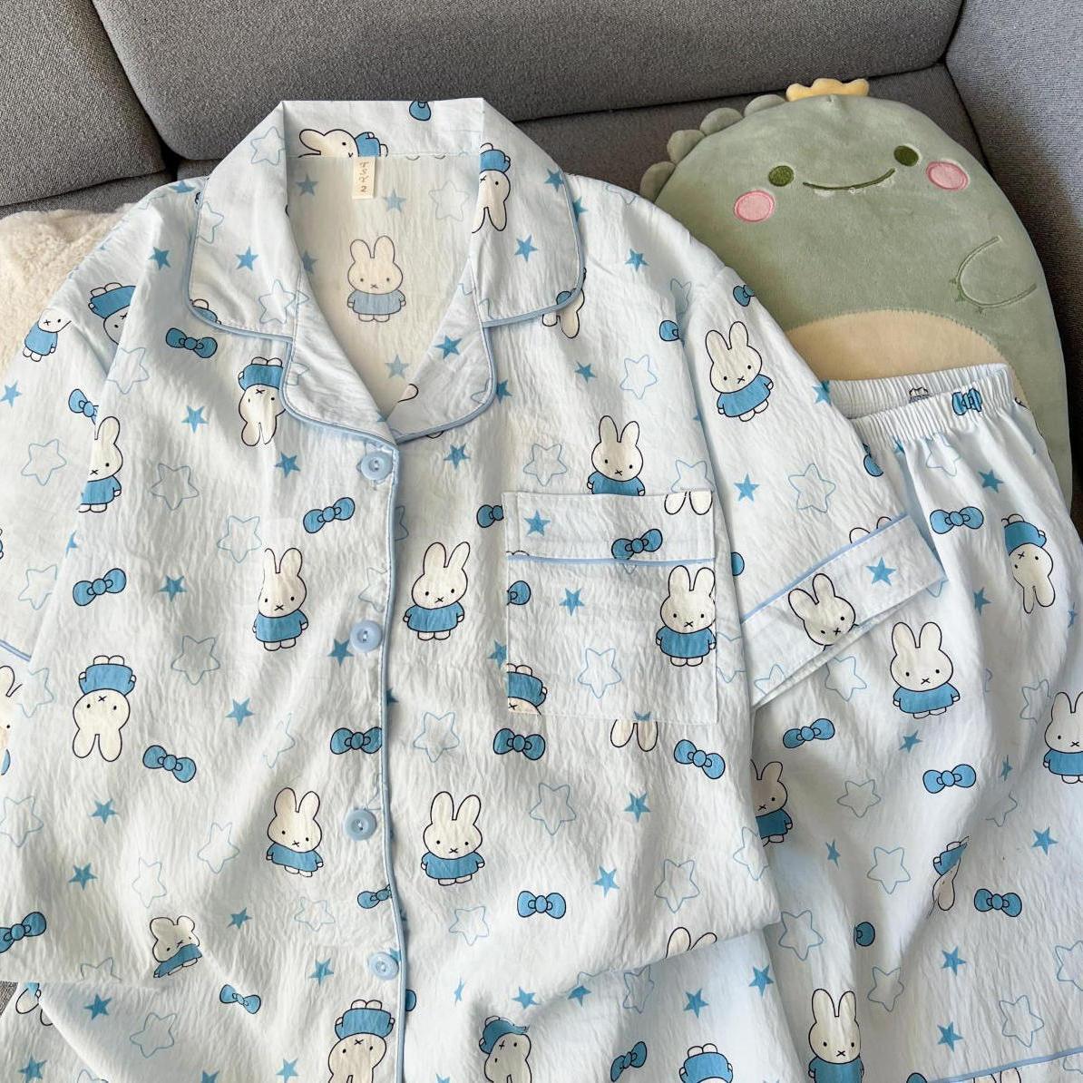 

Japanese blue Miffy rabbit pajamas women s summer cardigan short-sleeved shorts two-piece set student dormitory loungewear S