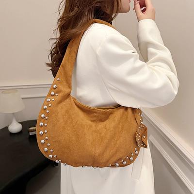 2025 Autumn and Winter New Suede Women's Bag Single Shoulder Diagonal Hanging Rivets Matte Crescent Armpit Casual Tote Handbag