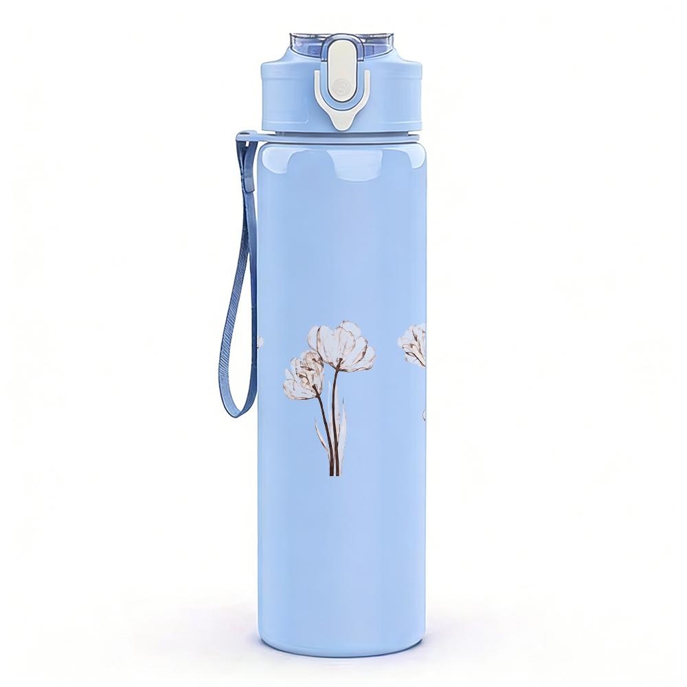 1PC Three thin tree line sketch minimal print 750ml colorful plastic sports water bottle leakproof pop up lid with straw for outdoor work home use