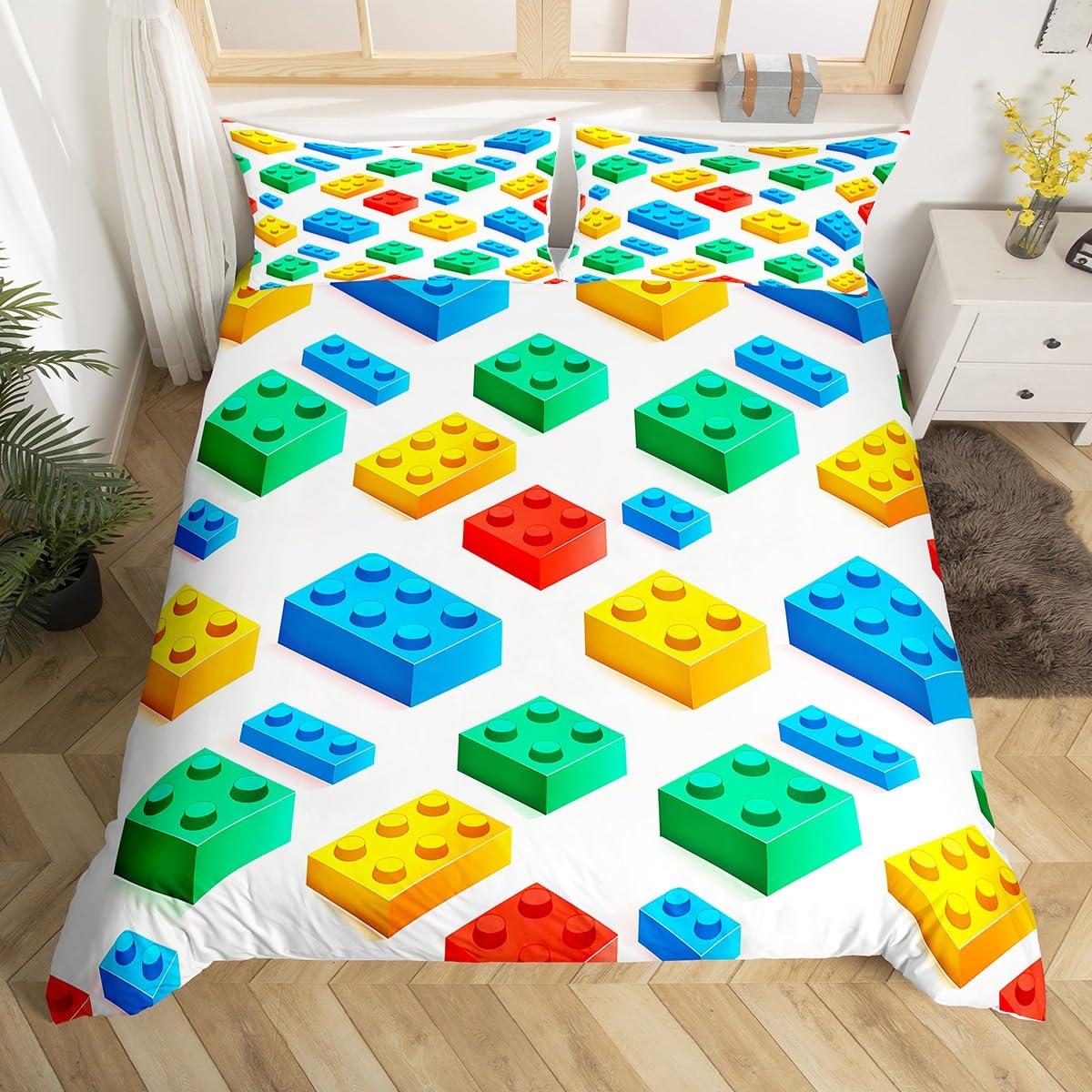 

Постільна білизна З днем ​​народження з 3D-блоками, підодіяльником Single Queen , барвистим будівельним матеріалом, з 2 наволочками AU Single(140x210cm)