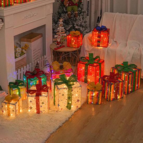 3 Stück Weihnachtsgeschenkboxen mit Beleuchtung und Schleife LED Leuchtende Geschenkboxen für Innen- und Außenbereich Zuhause Veranda Weihnachtsbaum Partydeko