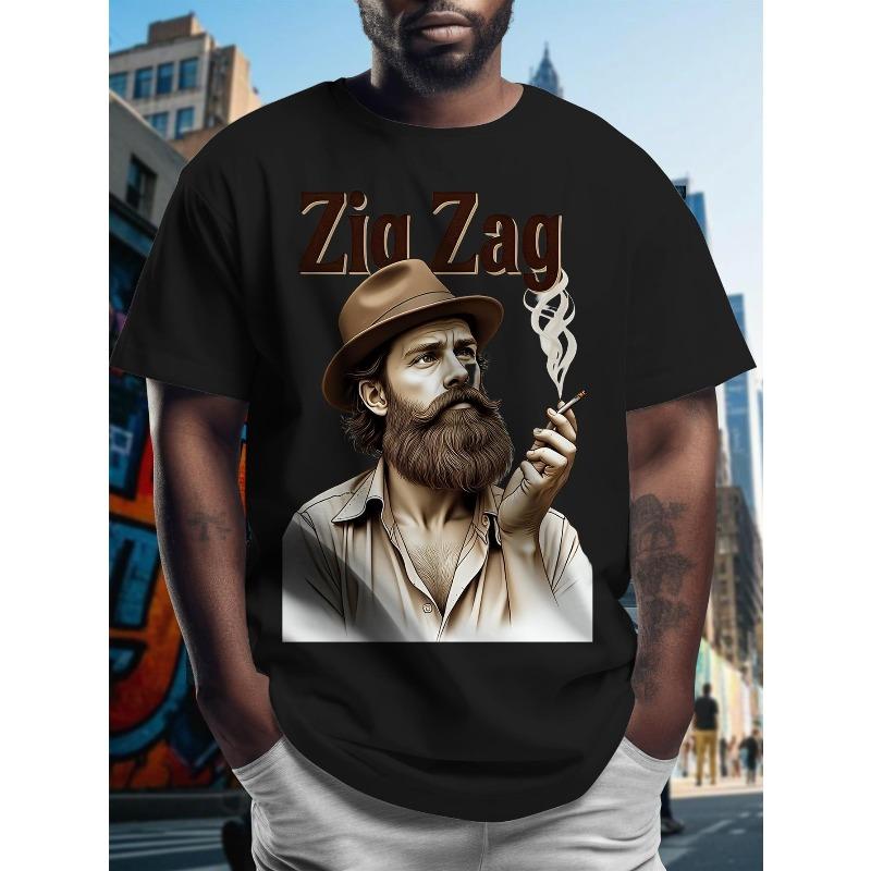 Europäische Größe Herren Zigzag Grafik T-Shirt - Baumwolle Lockere Passform, Schwarz mit Kräftigem Vintage Raucher für Mann & Stadtbild Print, Atmungsaktiver Ganztageskomfort
