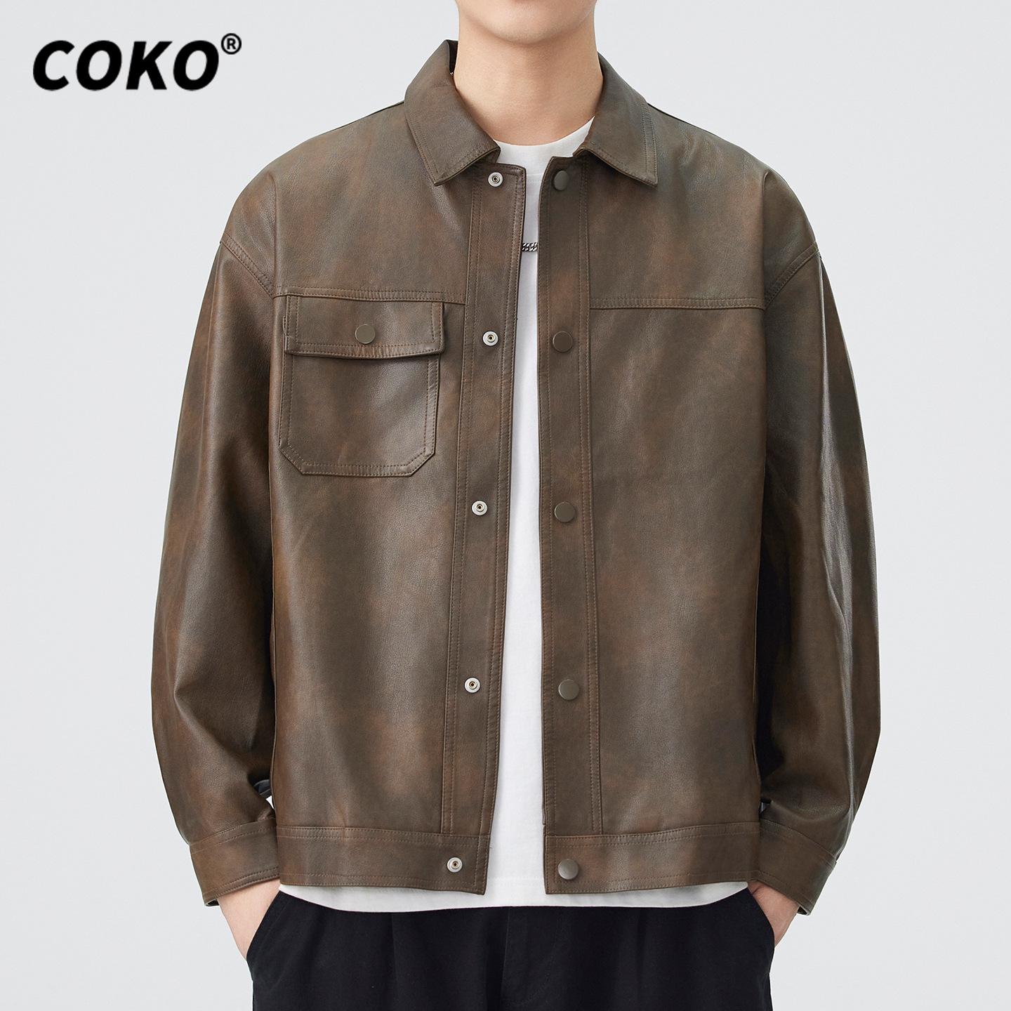 Мужская высококачественная матовая кожаная мотоциклетная куртка COKO - Издание Осень 2025 2XL for 160-180 jin коричневый