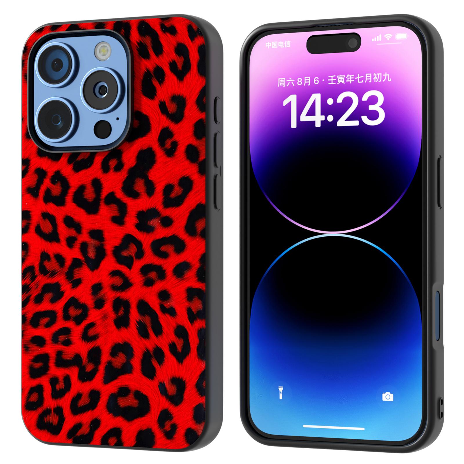 

ABEEL For iPhone 16 Pro Case PU+TPU Back Phone Cover with Leopard Pattern Red