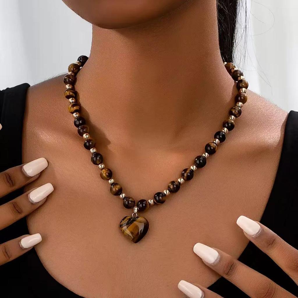 Natural Tiger Eye Beaded Heart Pendant Necklace Gold Spacer Bead Boho Vintage Jewelry for Women Daily Wear