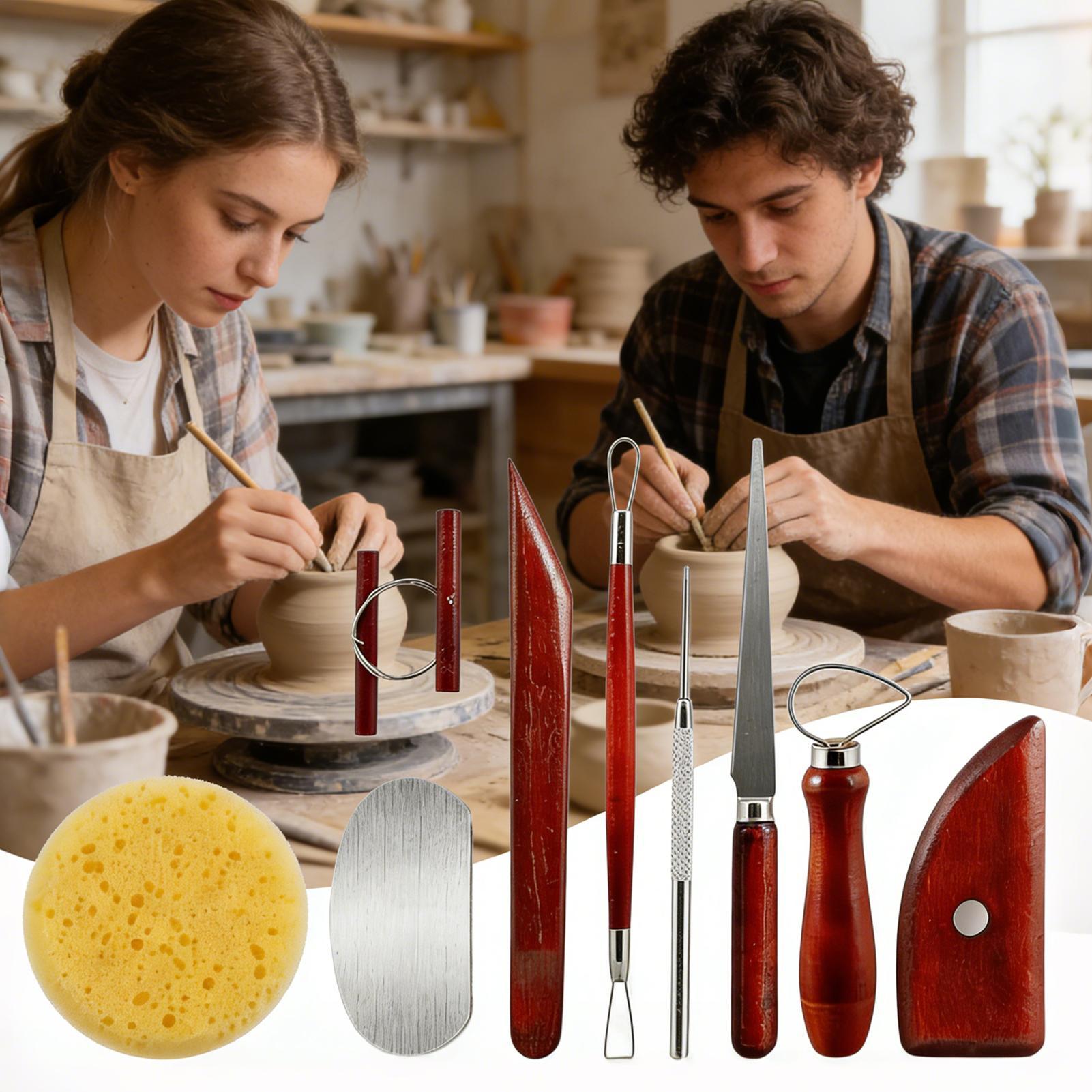 9pcs Pottery Sculpting Clay Cleaning Tool Set Clay Cutting Modeling Trimming Tools for Smoothing Cleaning Carving Shaping CN