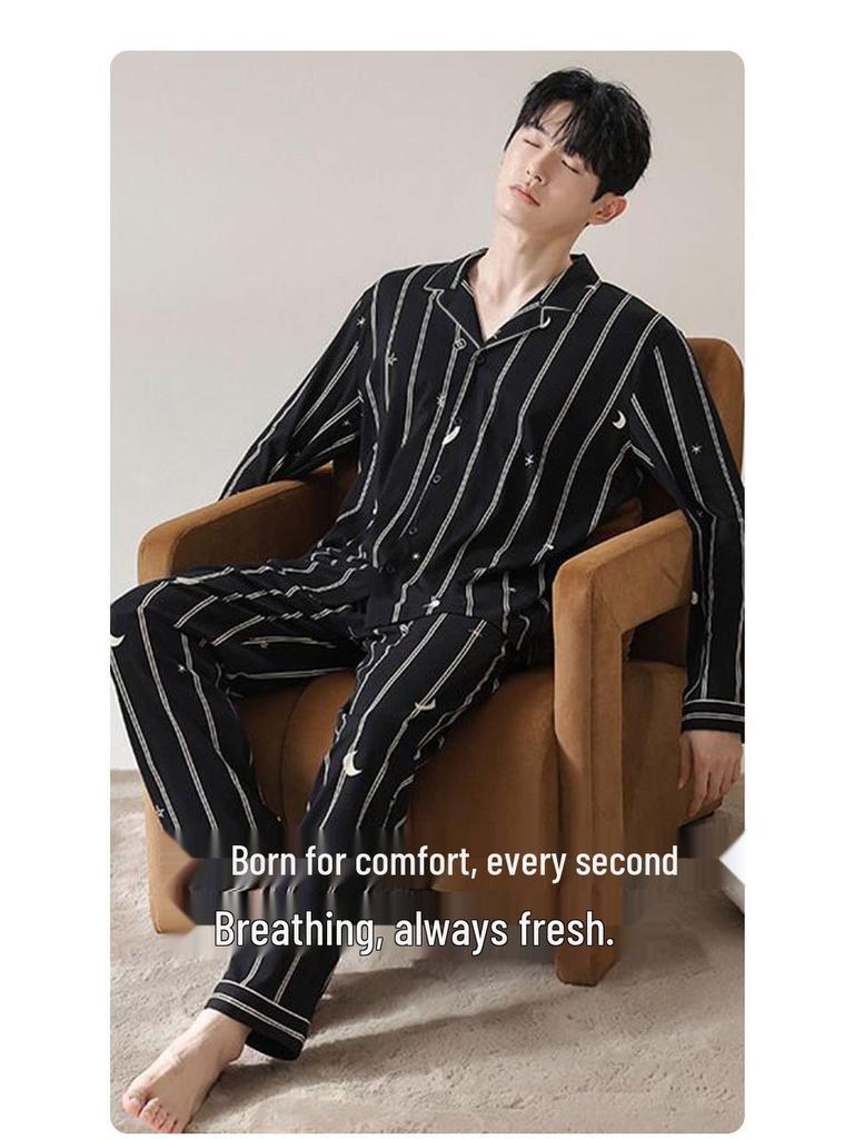 Herren Leichter Luxus Minimalistischer Pyjama - Frühling/Herbst, Langarm, Cardigan, Baumwollimitat, Lässig, Einfach, Lockere Passform, Große Größen Homewear.