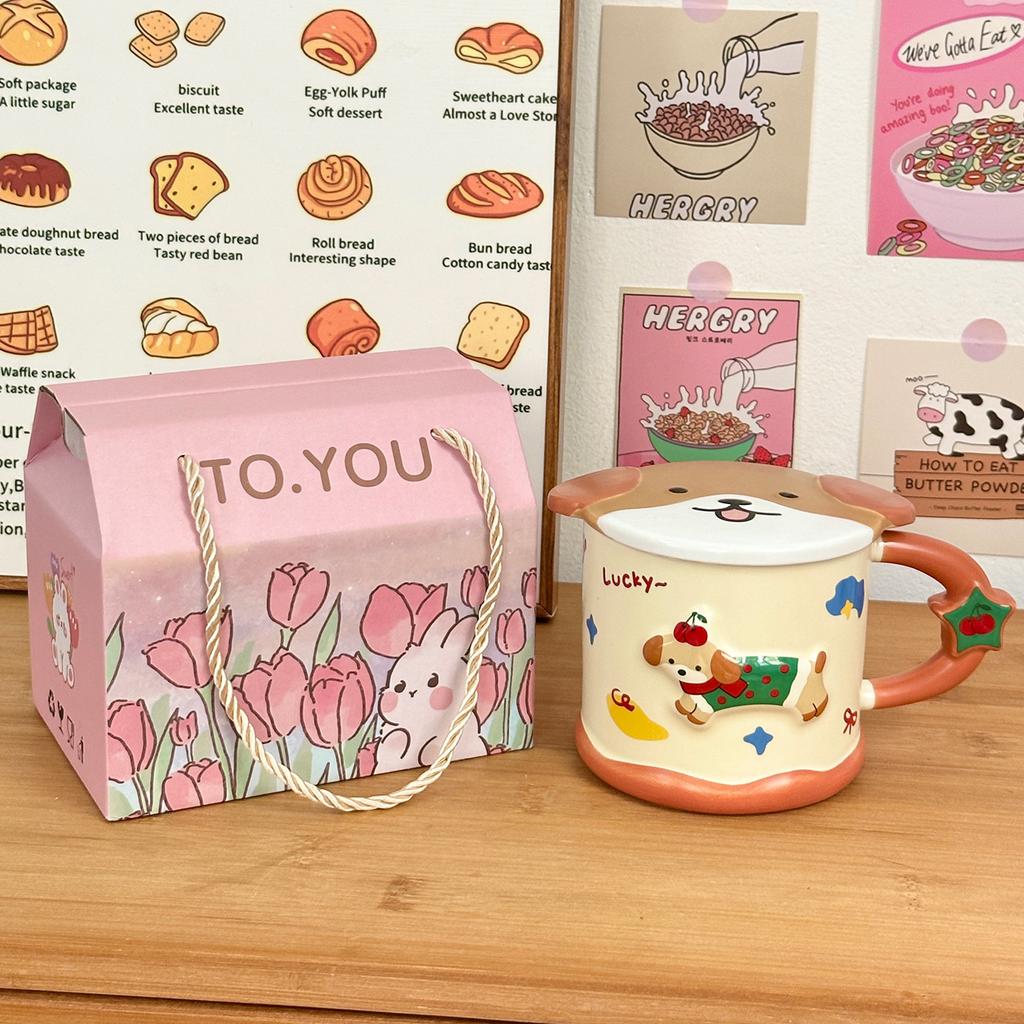 Smart Dachshund Dog Ceramic Cup Mug with Lid Student Water Cup Home Souvenir Birthday Gift Couple Cup