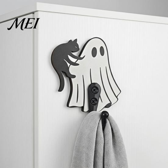 Kids Room Wall Hooks Halloween Ghost Cat Wooden Hanging Hook for Keys Hats, Decorative Black Entryway Organizer Hanger, Cute Home Living Bedroom